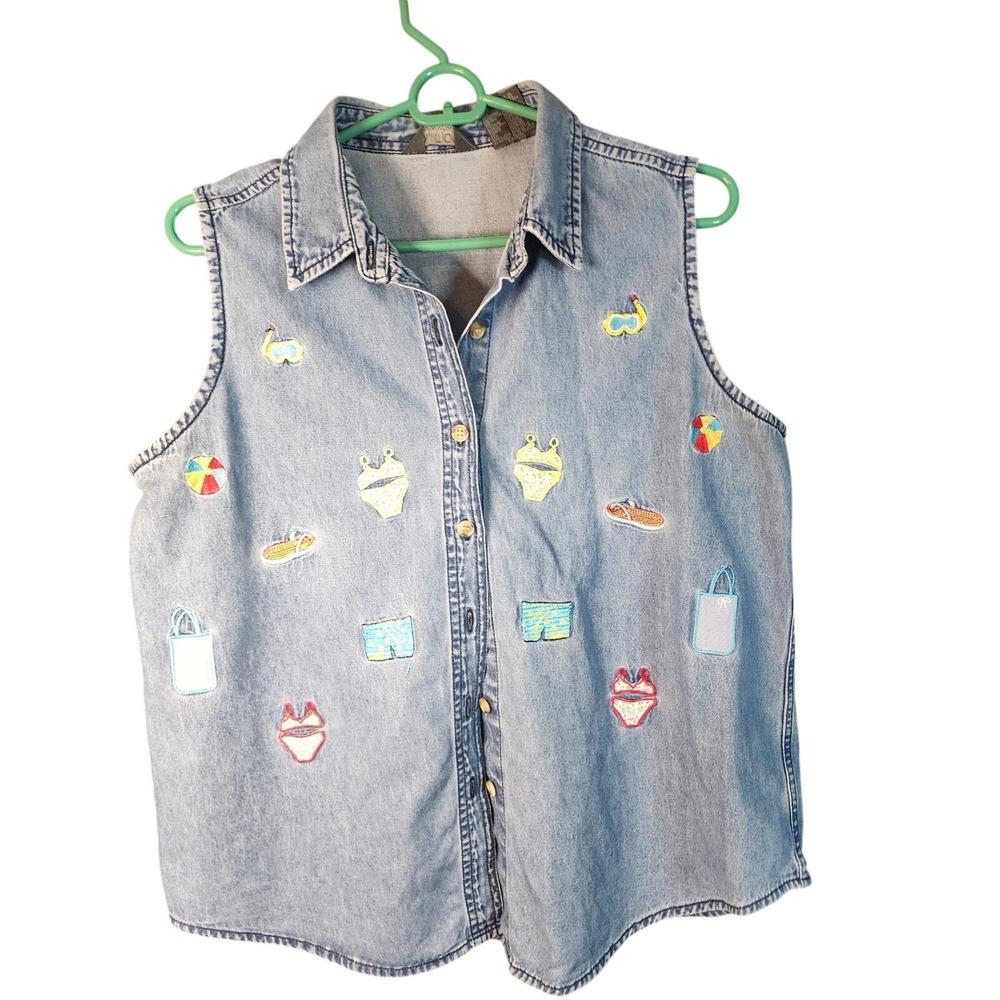 Solutions New York Womens Large Denim Sleeveless Shirt Beach Embroidered Cotton